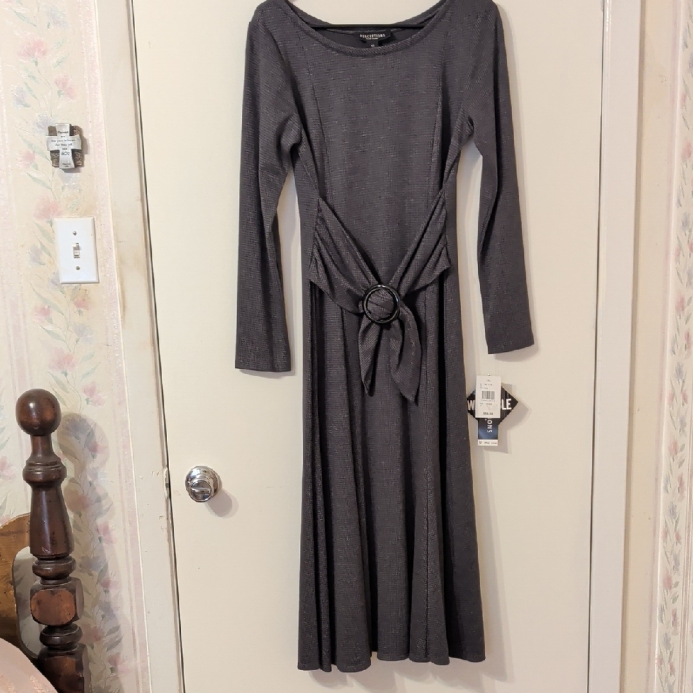 Vintage Perceptions Grey/Black Small Checked Long Dress With Tie Accent, 12